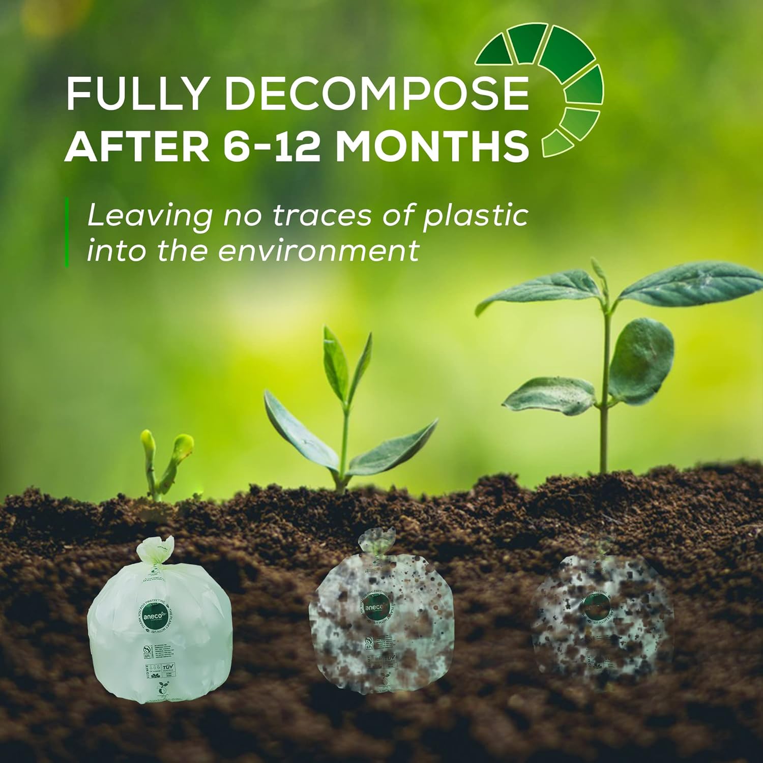 ANECO 100% Compostable Waste Bags 2.6 Gallon (Flat Top Bags, 50 Count) Extra Strong Kitchen Small Compost Bags for Countertop Bin (BPI & OK Compost HOME Certified)