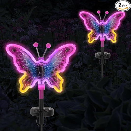 Butterfly Solar Lights, Solar Butterfly Outdoor Light, Garden Decor,Neon Butterfly Garden Lights for Outside, Yard, Pathways,Patio, Lawn, or Landscaping Decor (Amaranth, 2 Pack)