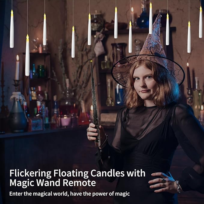 Halloween Decorations, 2023 Newest Floating LED Candles with Wand Remote Control, Witch Wizard Christmas Decor for Indoor Home Room Classroom Bedroom Birthday Party, 12pcs (White & Red), 6.6