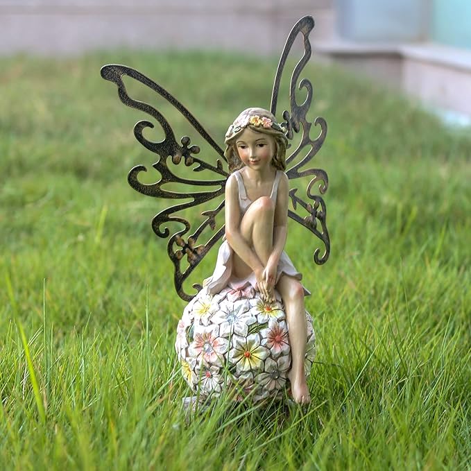 Flower Fairy Garden Decor,Garden Fairy Statues Outdoor,Solar Powered Outdoor Fairy Figurine Accessories,Patio Lawn Yard Porch, Resin Ornaments for Outside Gifts,9.45 Inches Tall
