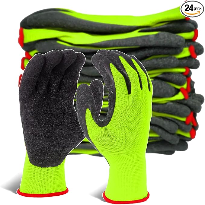 Evridwear Crinkle Latex Rubber Hand Coated Safety Work Gloves for Men Women General Multi Use Construction Warehouse Gardening Assembly Landscaping (Medium,Green- 12Pair)