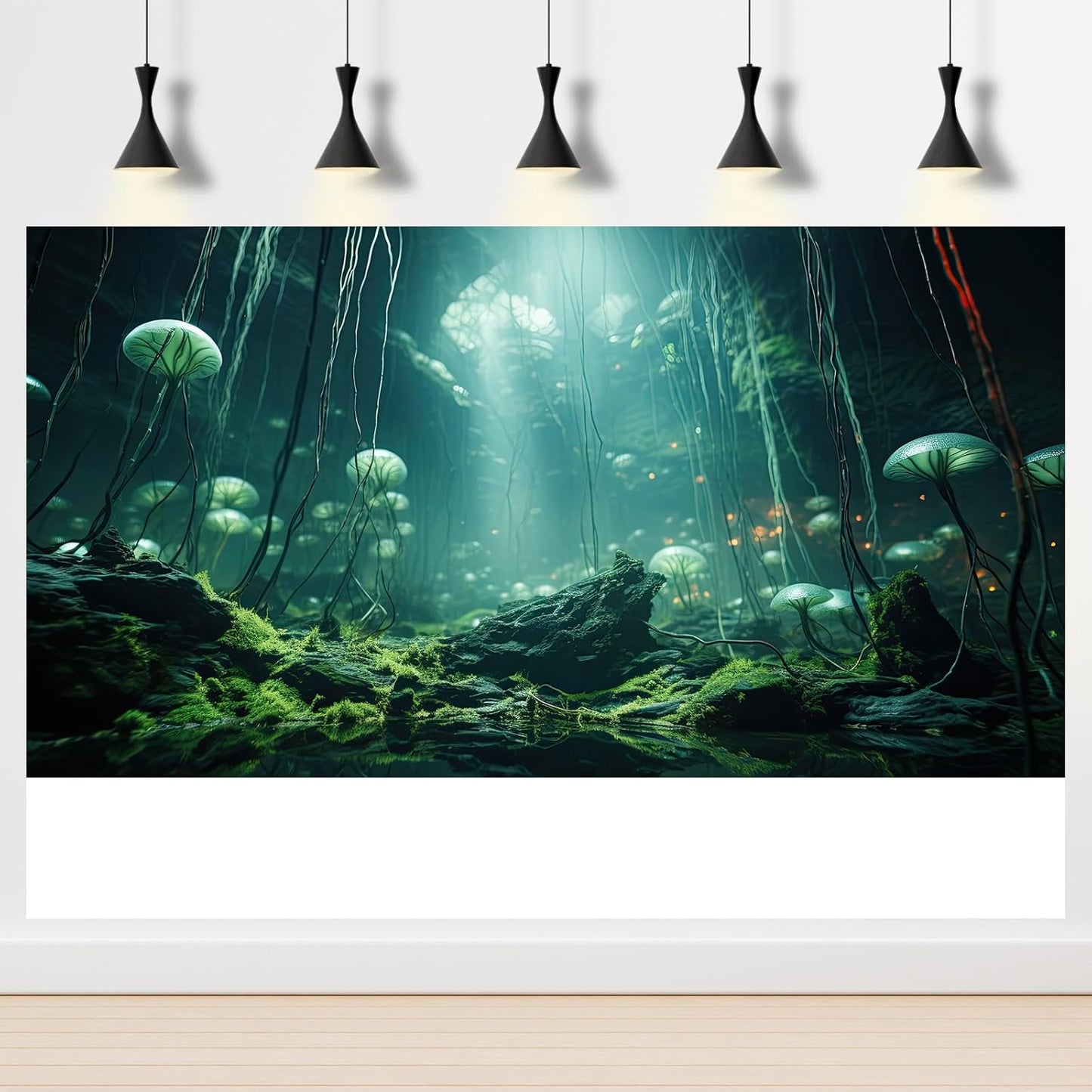 Aquarium Background Foggy Stone Mushroom Green Moss Fish Tank Background Mysterious Green Seaweed Scenery Aquarium Backgrounds White Mushroom Reptile Tank Enclosure Backgrounds Wallpaper 72x16in