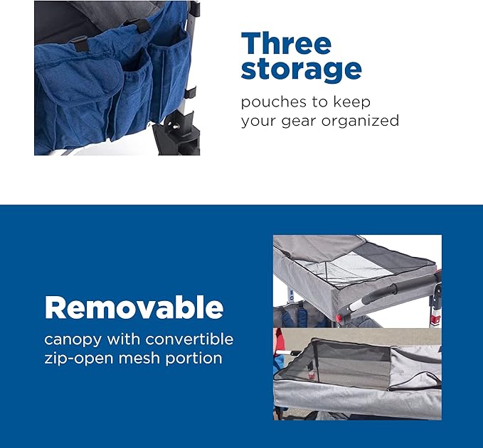 Creative Outdoor Push Pull Stroller Wagon for Kids,150lbs Weight Capacity, Collapsible Folding Cart with Canopy, Silver Series Plus, Beach, Park, Garden & Tailgate (Blue/Gray)