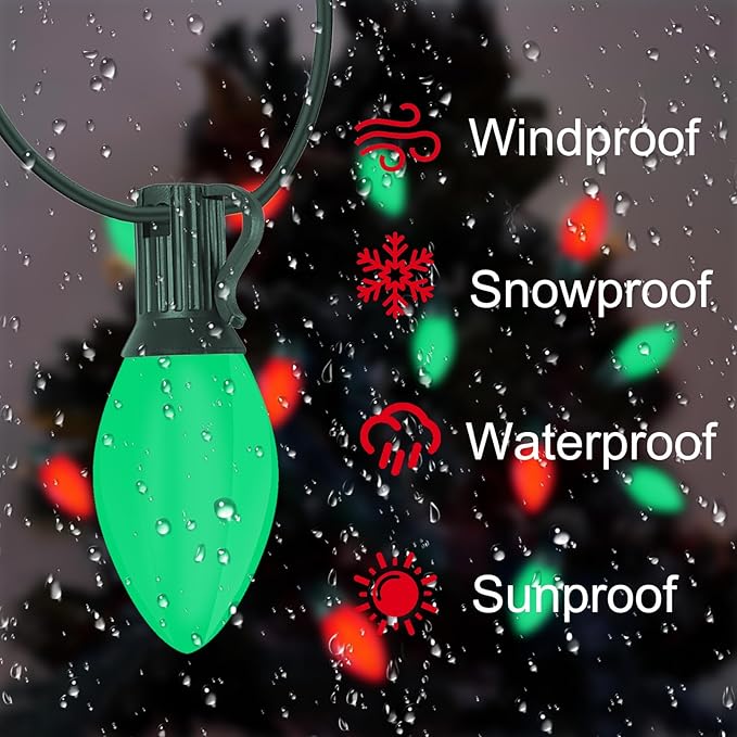 C7 LED Red and Green Christmas Lights, 25Ft Outdoor Christmas String Lights with 27 LED Red and Green Plastic Bulbs, Vintage Christmas Lighst for Outside Patio Backyard Tree Cafe Party House Decor