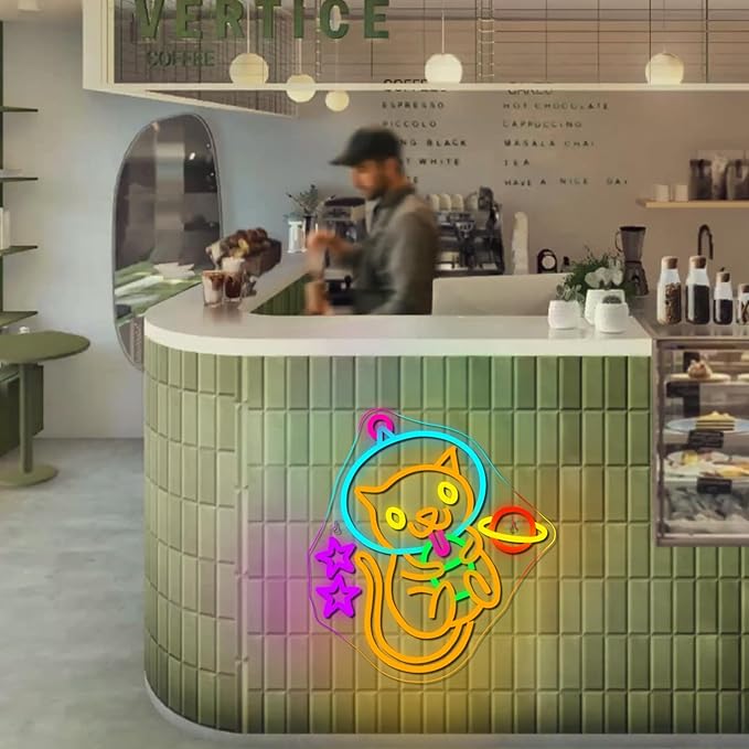 Astronaut Boba Tea Cat Neon Sign Cat Neon Lights for Wall Decor Cute Kitty with Stars Asteroids Anime Led Light Sign for Kids Bedroom Dimsum Store Cofes Bar Milk Tea Shop