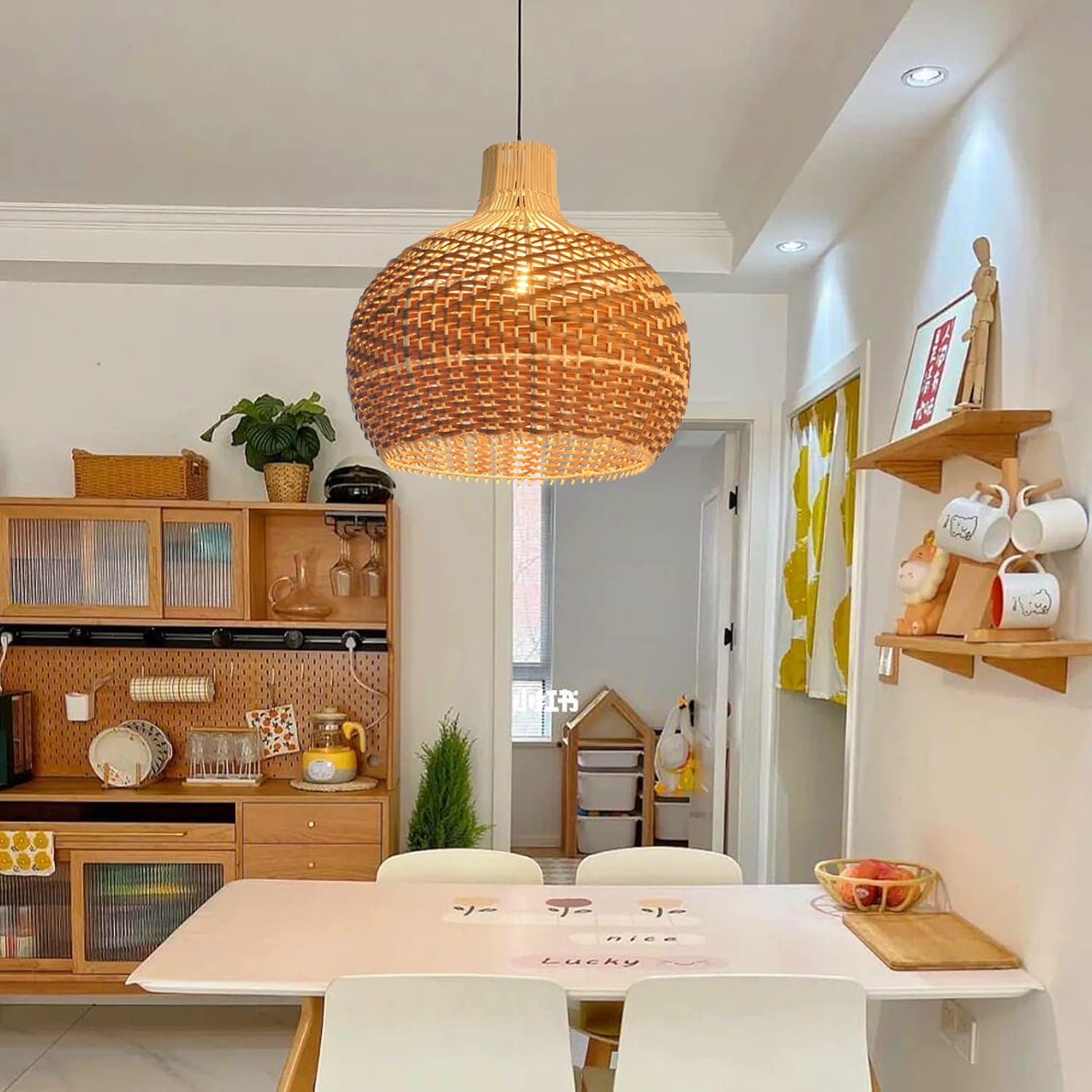 Arturesthome Rattan Pendant Lights, Wicker Chandelier Boho Basket Lighting Fixture, Natural Woven Hanging Lamp for Kitchen Island Sink Coffee