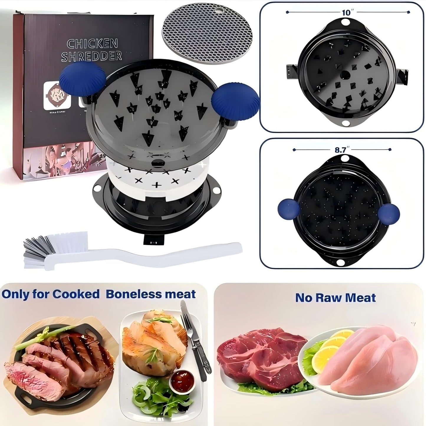 Chicken Shredder Meat Shredder Tool Twist Chicken Breast Shredder Large-Shredding Tools Chicken Breast, Pulled Pork, Beef with Stainless Steel Spikes (Blue&Black)