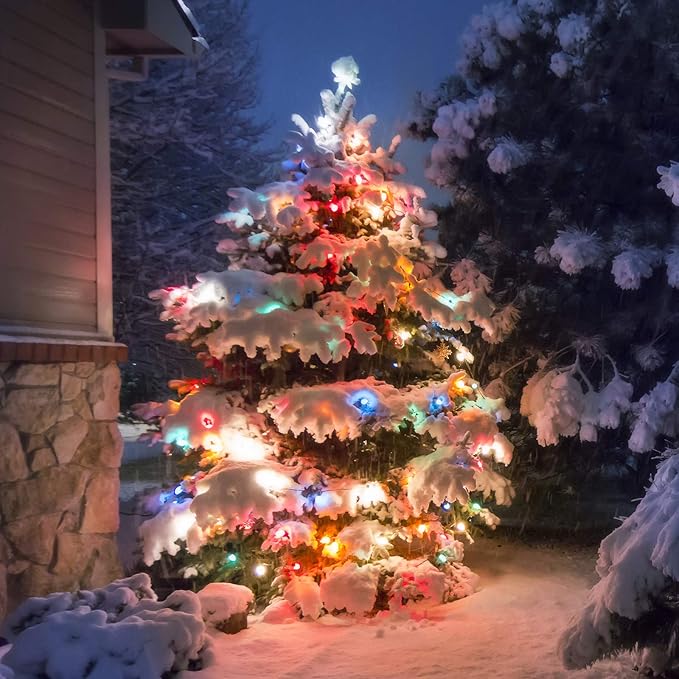 DEWENWILS C7 Christmas String Lights Outdoor, 33.3ft 50 LED Multi Color Bulb Lights, Outdoor Decorations for Christmas Tree, Patio, Garden, Yard, Porch, Green Wire, Multicolor, UL Listed