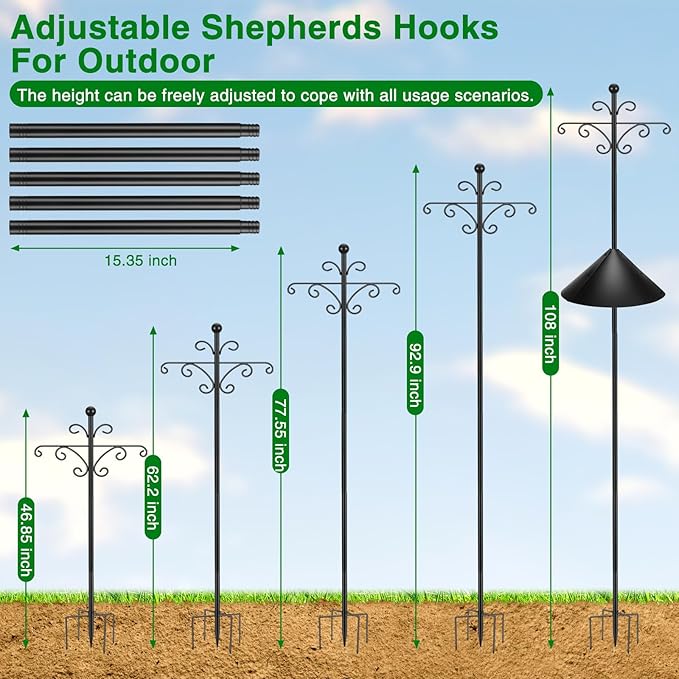 Bird Feeder Pole for Outdoors Heavy Duty Squirrel Proof, 2 Pack 108 Inch Adjustable Tall Shepherds Hooks for Outdoor with 5 Prongs Base, Double Shepherd Hooks (2 Pack Black, 108 Inch)