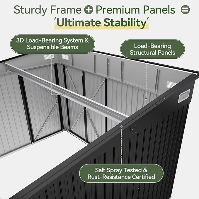 Aoxun 12' x 7.3' Shed 441 CU.FT Outdoor Waterproof Storage Shed with Triple Lockable Door Garden Metal Tool Shed for Outside (Black)