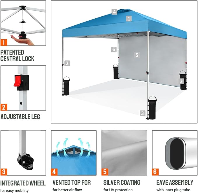 CROWN SHADES 10x10 Pop Up Canopy with 1 Side Wall - Beach Tent with One Push Setup - Outdoor Sun Shade for Events, Parties, Camping - Gazebo with STO-N-Go Cover Bag (Sky Blue)
