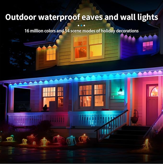 50ft Permanent Outdoor Lights for House, IP67 Waterproof RGB+IC LED Eaves Lights, 54 Scene Modes Outdoor Lighting for Christmas Garden Party Holiday Decorations, with App/Remote Control