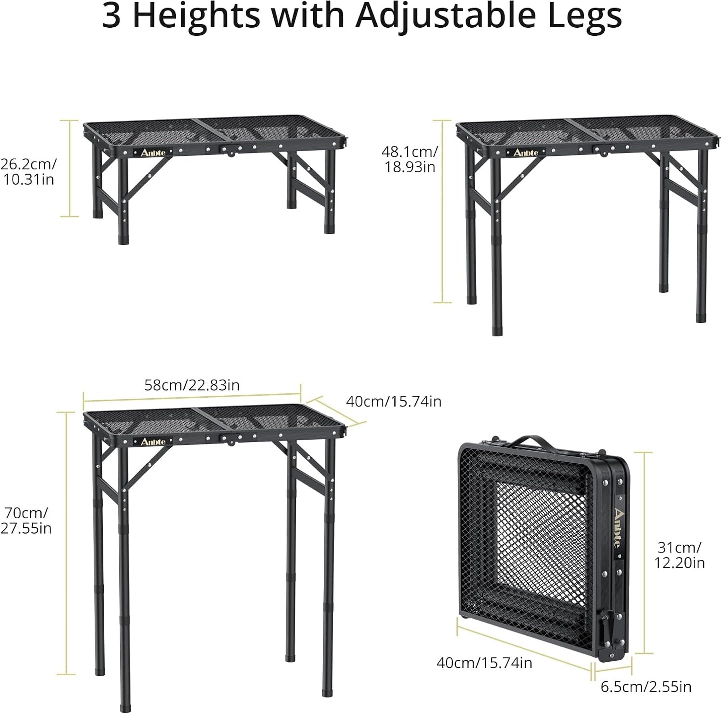 Folding Grill Table, Aluminum Camping Table Adjustable Height Max 27.5" Picnic Table Outdoor Table, Lightweight, Portable Handle for Travel Cooking BBQ Picnic, 22.8" x 16", Black