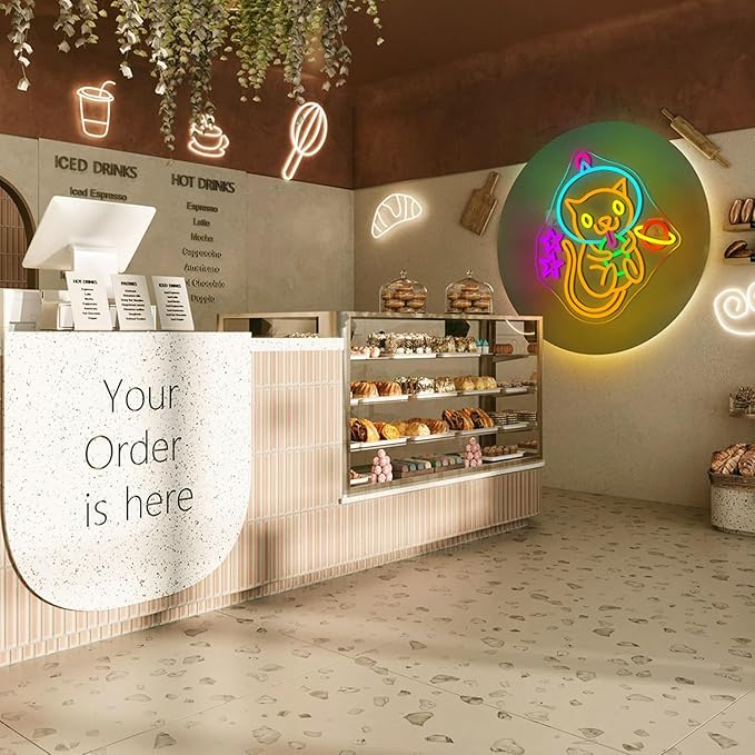 Astronaut Boba Tea Cat Neon Sign Cat Neon Lights for Wall Decor Cute Kitty with Stars Asteroids Anime Led Light Sign for Kids Bedroom Dimsum Store Cofes Bar Milk Tea Shop