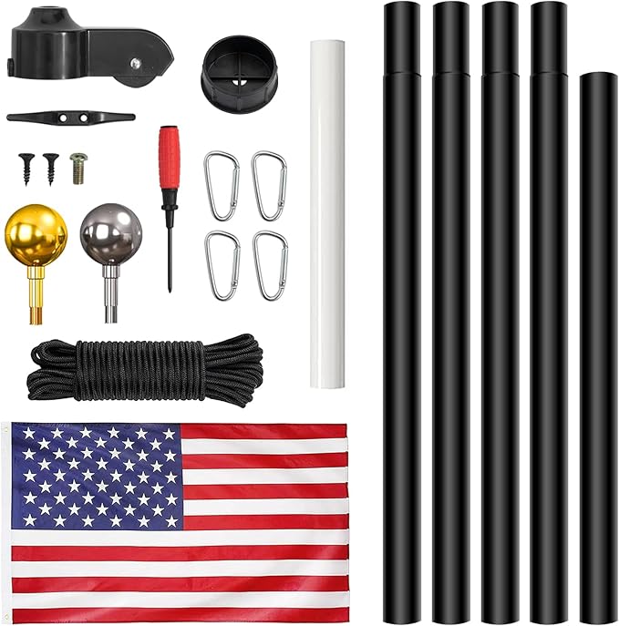 Flag Pole for Outside in Ground, 20FT Sectional Extra Thick Flagpole Kit, Heavy Duty Aluminum Outdoor Flag Poles with 3x5 American Flag for Yard, Garden, Residential or Commercial, Black