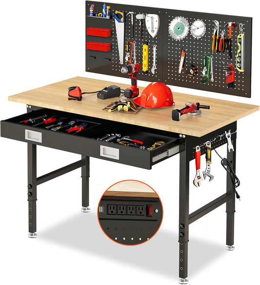 60" Workbench for Garage with Drawers Rubberwood Tabletop Work Table with Pegboard, Power Outlets Adjustable Height Work Bench for Office, Woodworking Shop, Home