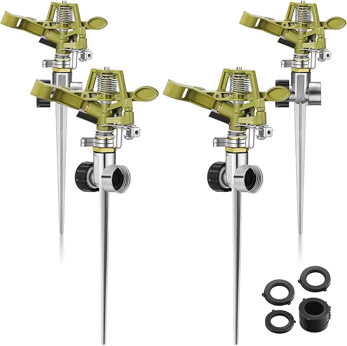 Chengu 4 Set Zinc Alloy Water Sprinklers Heads for Lawns Yard Heavy Duty Adjustable 360 Degree Watering Impact Pulsating Garden Sprinklers Multipack for Large Area Irrigation
