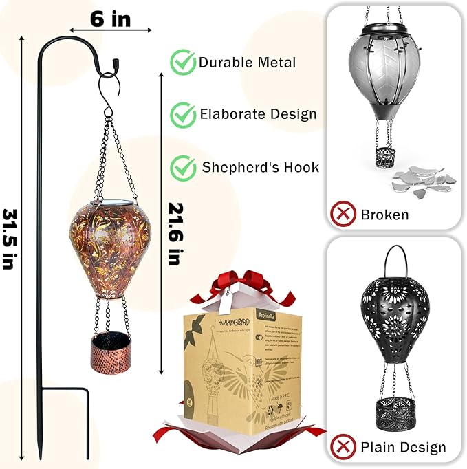 4-Pack Hummingbird Decor Hot Air Balloon Solar Lantern – Outdoor Decorative Hanging Light for Garden Yard Patio Porch Lawn and Pathway – Unique Housewarming, Birthday Gift for Women Mom Grandma