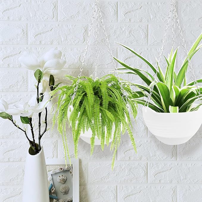 4 Pcs 8 inch Hanging Planter Pots,Self-Watering Round Hanging Basket with Water Tray and Metal Chain,Succulent Flower Plant Pot Container for Indoor Outdoor Garden Balcony Wall Decor,White