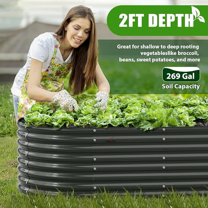 A ANLEOLIFE 6X3X2 ft Galvanized Raised Garden Beds Outdoor, Oval Large Metal Deep Root Planter Box for Planting Vegetables Flowers Herb, Anti-Rust & Easy-Setup, Quartz Grey