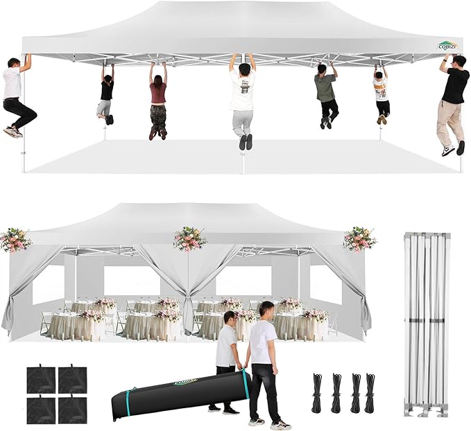 COBIZI 13x26 Pop Up Tent 13x26 Canopy with Sidewalls Heavy Duty Canopy Party Tent for Parties, Outdoor Wedding Large Event Tent Wind Waterproof UPF 50+ Ez Up in Garden Lawn with Roller Bag, White
