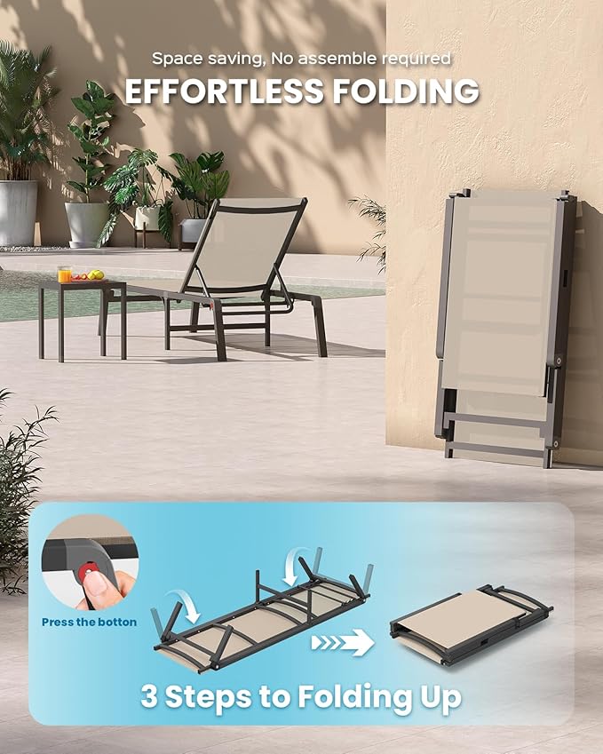 Chaise Lounge Outdoor, Foldable Aluminum Pool Lounge Chairs with 5 Positions Recliner - Free Assembly - Patio Chaise Lounge Chair for Poolside, Beach, Yard (Khaki)