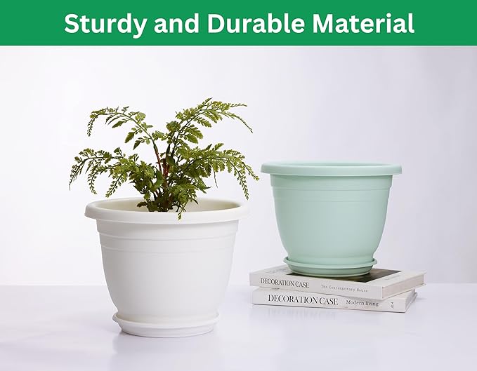 5 Packs 10 inch Plant Pots + Saucer, Planters for Indoor & Outdoor Plants with Drainage Holes | Plastic Flower Pots, Large Planter (White, 10 inch)