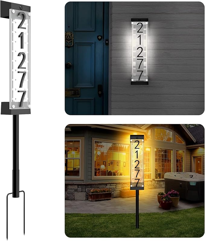 Solar House Number [Upgrade 3D Acrylic Number] Solar Address Sign Increase Brightness, Number Is Bold, Anchor Is Made Of Iron,Solar House Number Sign with Two Lighting Modes and Two Installation (White)(Manual without remote control) (Warm White)