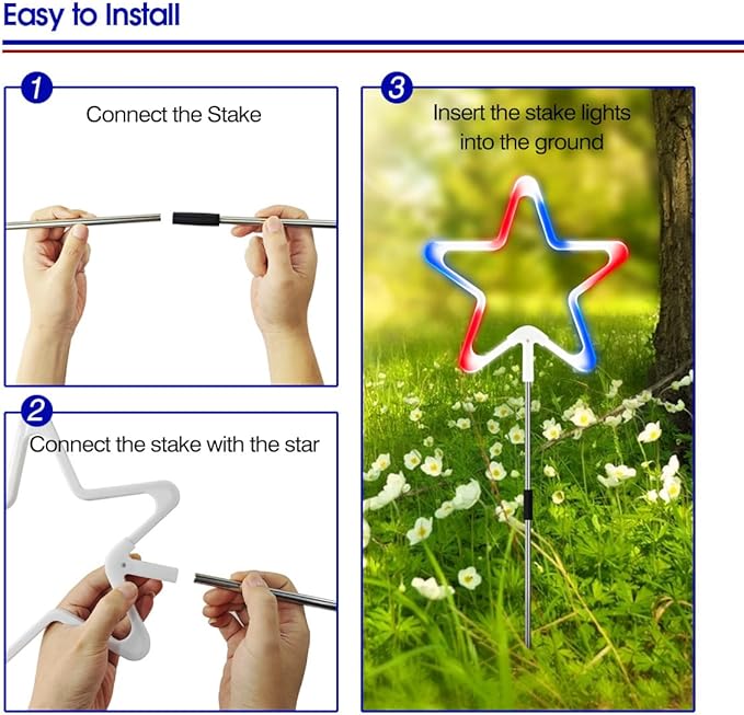 4th of July Decorations Red White and Blue Light, 4PCS Big LED Neon Star Pathway Lights Outdoor, Patriotic Garden Stake Lights with 8 Modes Waterproof for Independence Day Yard Lawn Decor