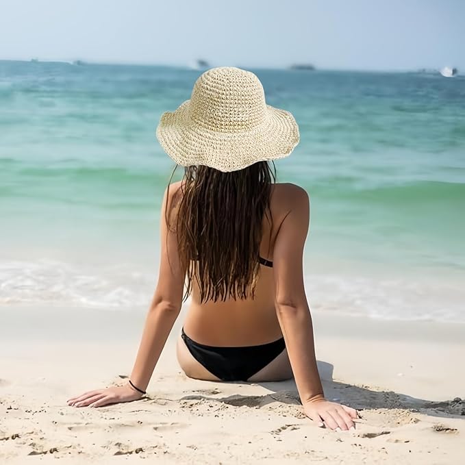 Floppy Big Beach Straw Hats for Women Foldable Summer Wide Brim Packable Sun Hat Womens Travel Straw Fedora Hat