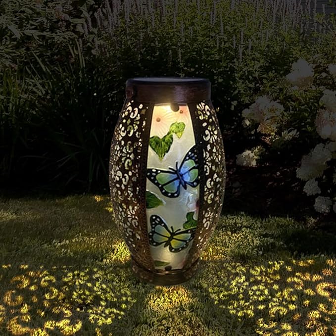 Butterfly Solar Lanterns Glass & Metal Hanging Light Outdoor Waterproof Tabletop Lamp with Hollowed-Out Design for Garden Patio Table Decor