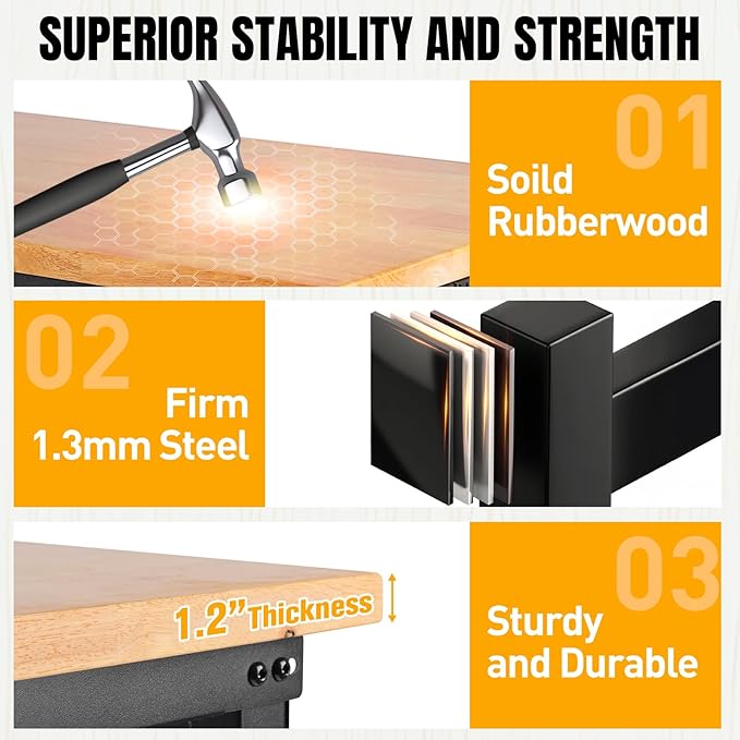 48" L×24”W Adjustable Workbench, 28”-40”Heights Heavy Duty Table 2000 LBS Load Capacity, Work Bench with Power Outlet & Pegboard, Rubber Wood Work Table for Garage, Office, Workshop, Home