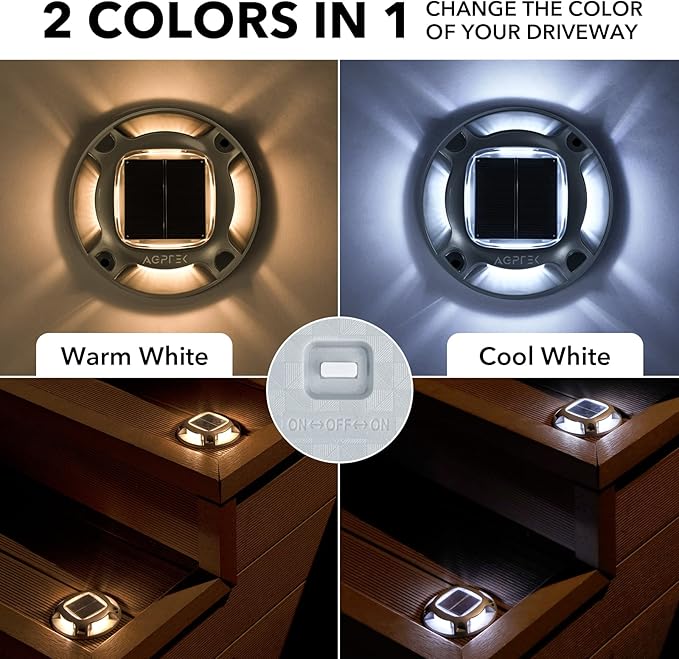 AGPTEK Solar Driveway Lights Outdoor 12 Pack, 2 Color Modes LED Deck Dock Marine Waterproof Driveway Marker Lights for Step Sidewalk Stair Garden Pathway Walkway Yard (Warm White/Cool White)