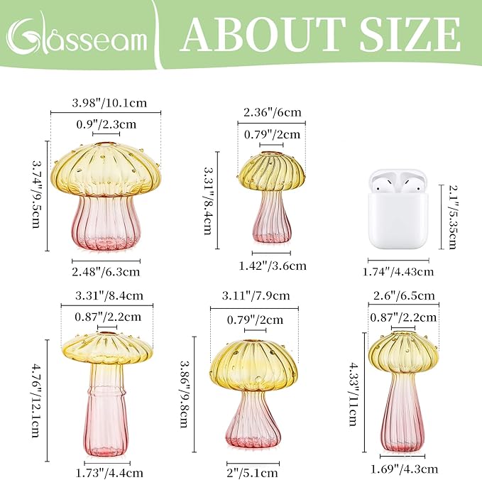 Glasseam Mushroom Plant Propagation Stations: Colored Glass Terrarium Jar Set of 10 Cute Planters for Indoor Plants Mini Propagate Station Unique Christmas Birthday Gifts for Women Home Office Decor