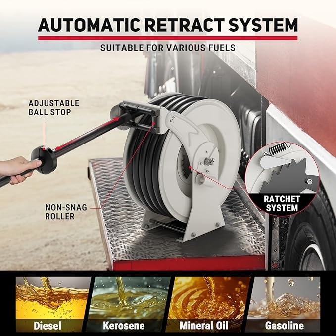 Fuel Hose Reel 3/4" x 50' Retractable with Fueling Nozzle Diesel Hose Reel 300 PSI Industrial Auto Swivel Heavy Duty Steel Construction for Farm Ship Vehicle Tank