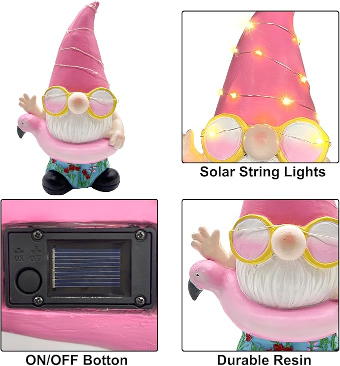 BAYN Garden Gnome Statues Outdoor Decor, Solar Powered Outdoor Gnome with Flamingo Swimming Decorative Yard Garden Lights Art Gifts with 11 Warm White LEDs