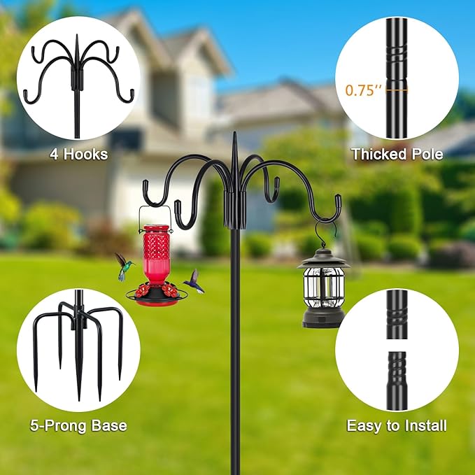 FEED GARDEN [Upgrade Version 76 Inch Four Shepherd Hooks for Outdoor,Bird Feeder Pole with 5 Prong Base, Adjustable Shepard Hooks for Hanging Plant, Solar Lanterns, Wind Chimes, 2 Pack