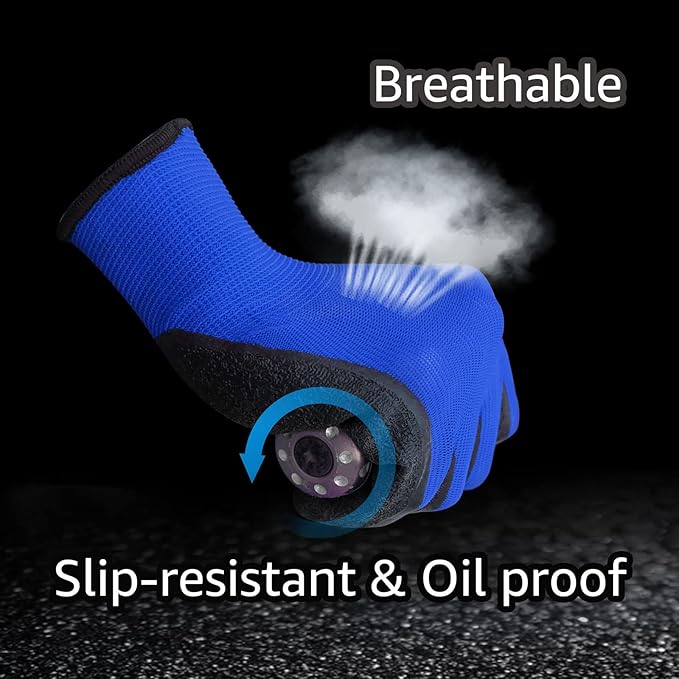 Evridwear Crinkle Latex Rubber Hand Coated Safety Work Gloves for Men Women General Multi Use Construction Warehouse Gardening Assembly Landscaping (Large,Blue- 12Pair)