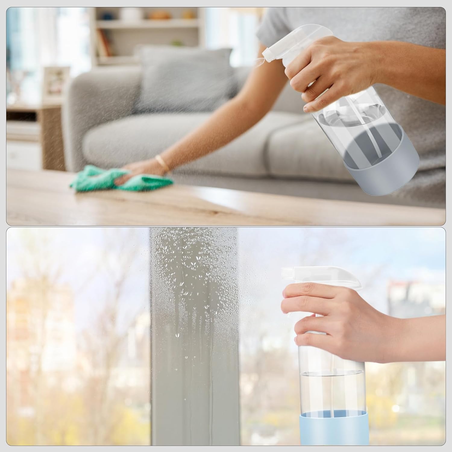 2 Pack Glass Spray Bottles with Silicone Sleeve, 16 oz Empty Refillable Containers with Adjustable Spray Nozzles, Spray Bottles for Hair, Cleaning Solutions and Plants Blue&Grey