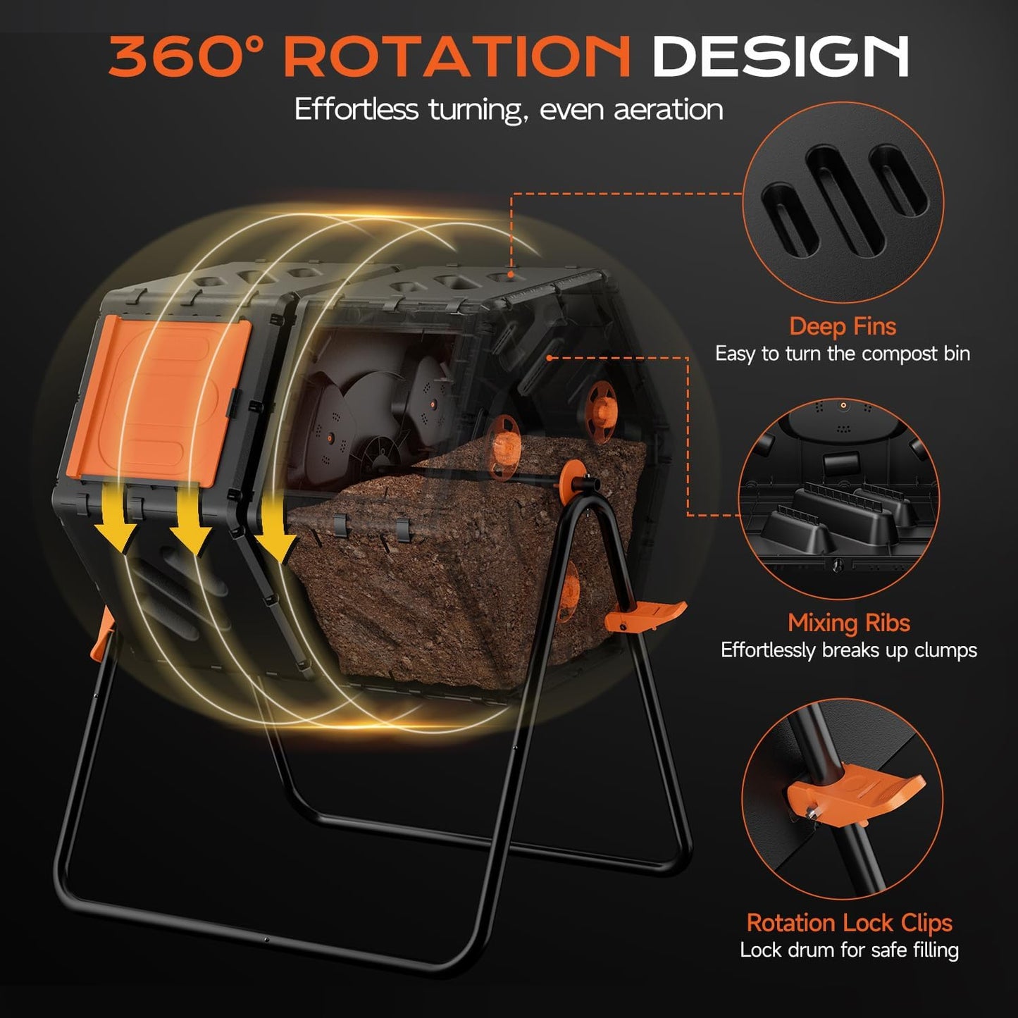 Compost Bin 45 Gallon, Easy Assemble Composter Tumbler, Dual Chamber Large Compost Bin Outdoor for Fast Composting, 360°Rotating Composter for Outside, Garden, Backyard, and Yard