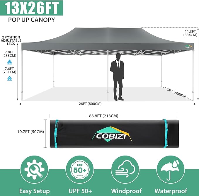 COBIZI 13x26 Pop Up Tent 13x26 Canopy with Sidewalls Heavy Duty Canopy Party Tent for Parties, Outdoor Wedding Large Event Tent Wind Waterproof UPF 50+ Ez Up in Garden Lawn with Roller Bag, Gray