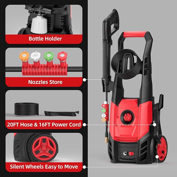 Electric Pressure Washer, 2.5 Max GPM Power Washer with Foam Cannon, Powerwasher with 4 Nozzles, High Pressure Washer for Cars, Driveways, Patios, Decks