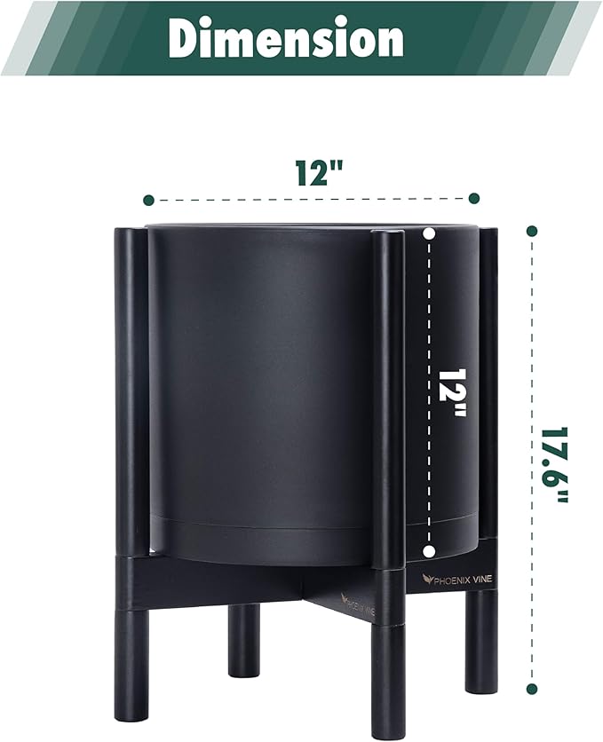 D'vine Dev Planter Pot with Stand - 12 Inch Plastic Cylinder Flower Pot with Wood Planter Holder for Indoor, Matte Black Pot + Ebony Stand, 55-C-Q-2