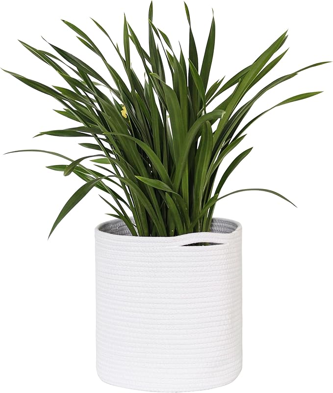Cotton Rope Plant Basket, Woven Basket Planter for 10 inch Pot, Round Indoor Tree Pot Cover, Small Storage Bin Organizer, Basket for Plants and Home Decor, 11”X11”, White