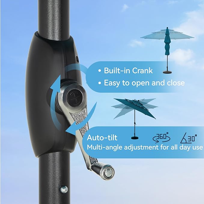 GREEN PARTY 10ft Outdoor Patio Umbrella, Auto-Tilt Market Table Umbrellas with Crank, 8 Sturdy Ribs & 1.5" Pole UV Protection for Garden Deck Backyard Pool