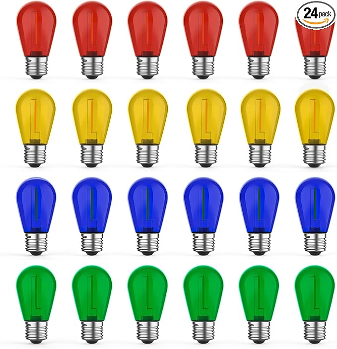 24 Pack LED S14 Colored Light Bulbs for Outdoor String Lights, Shatterproof 1W Replacement Bulbs for Patio Lights, Dimmable, 2200K Warm White, E26 Base, Multi-Color: Red/Blue/Yellow/Green