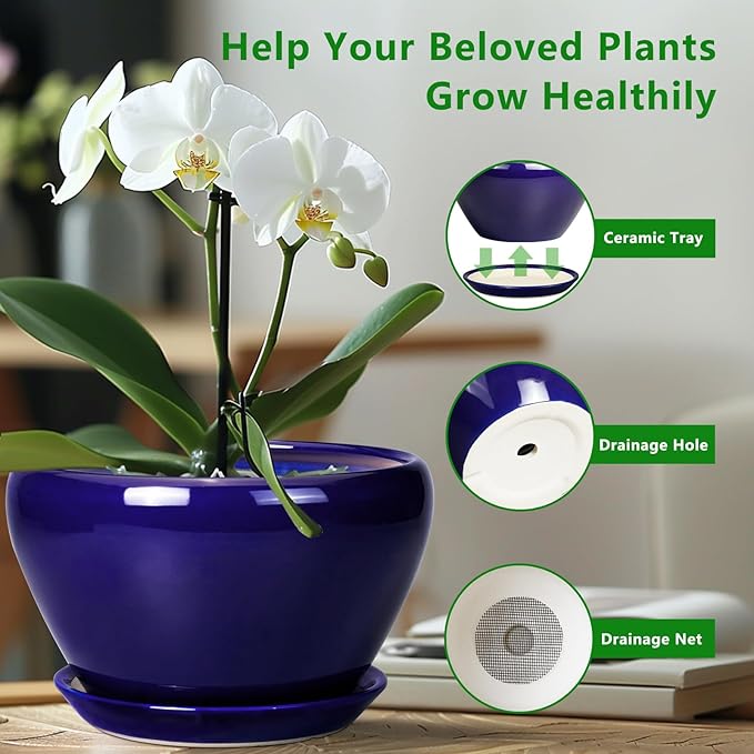 Ceramic Planter - 13 Inch Indoor Plant Pot for Plants with Drainage Hole and Saucer Large Planter Round Outdoor Flower Pot Mid-Century for House Patio Room Decor Blue