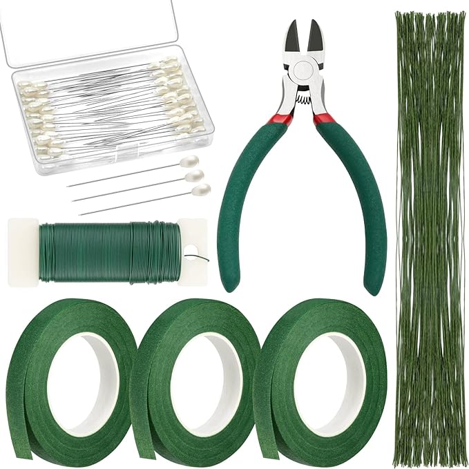 PAXCOO Floral Arrangement Kit with Green Tape and Wire, Boutonniere Flower pin, Wire Cutter for Wreath Making Supplies