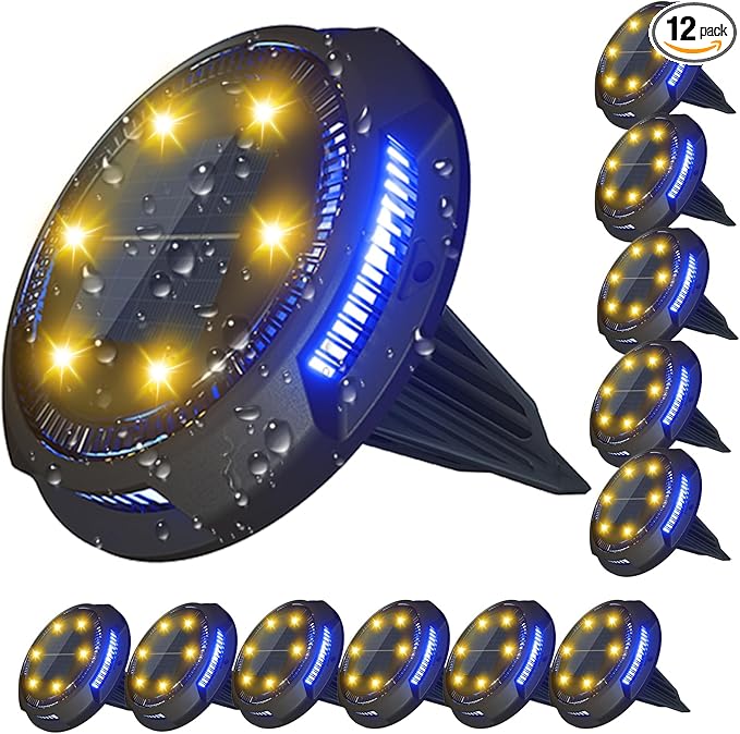 GREPRO Solar Ground Light, 12 Packs 10 LED Solar Outdoor Lights Waterproof for Outdoor Garden Light Solar IP65 Waterproof Warm White Garden Lights Solar for Lawn/Driveway/Walkway/Patio, Black