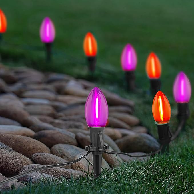 C9 Outdoor Halloween Pathway Lights, 19.5Ft C9 LED Orange Purple Halloween Pathway Marker Lights with 10 Stakes, Halloween Decorations Walkway Lights Waterproof for Driveway Lawn Yard Sidewalk Garden